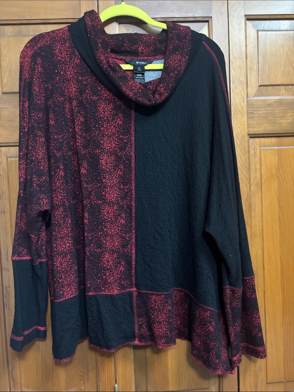 Ali Miles Black & Red Split Cowl Neck Sweater